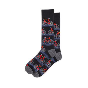 Black socks showing a pattern of red road bikes with grey wheels on horizontal blue stripes, finished with grey heel and toe.