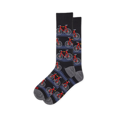 Black socks showing a pattern of red road bikes with grey wheels on horizontal blue stripes, finished with grey heel and toe.