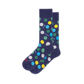 Navy blue crew socks covered in dimpled golf balls in white, yellow, green and blue, with small light blue golf tees.