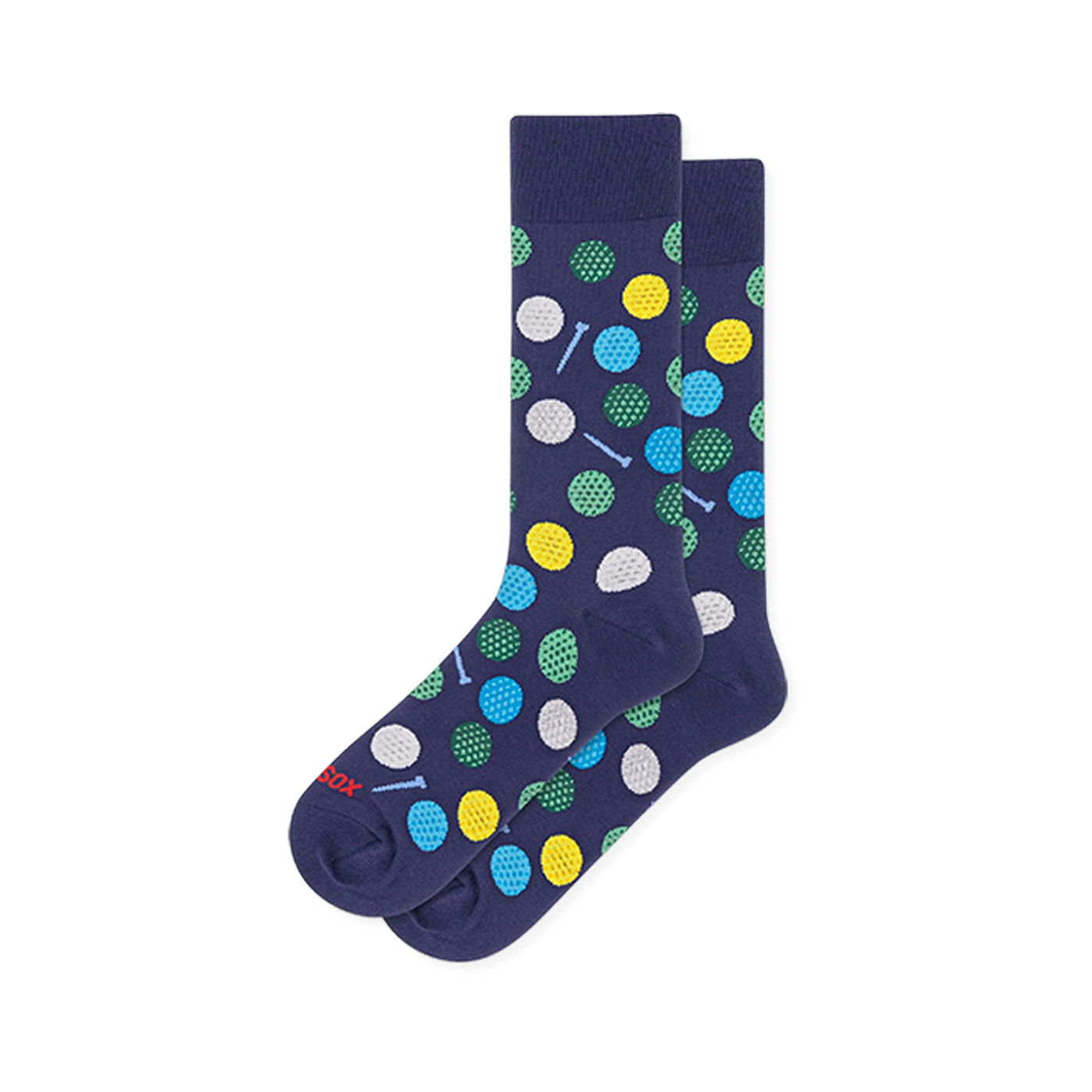 Navy blue crew socks covered in dimpled golf balls in white, yellow, green and blue, with small light blue golf tees.