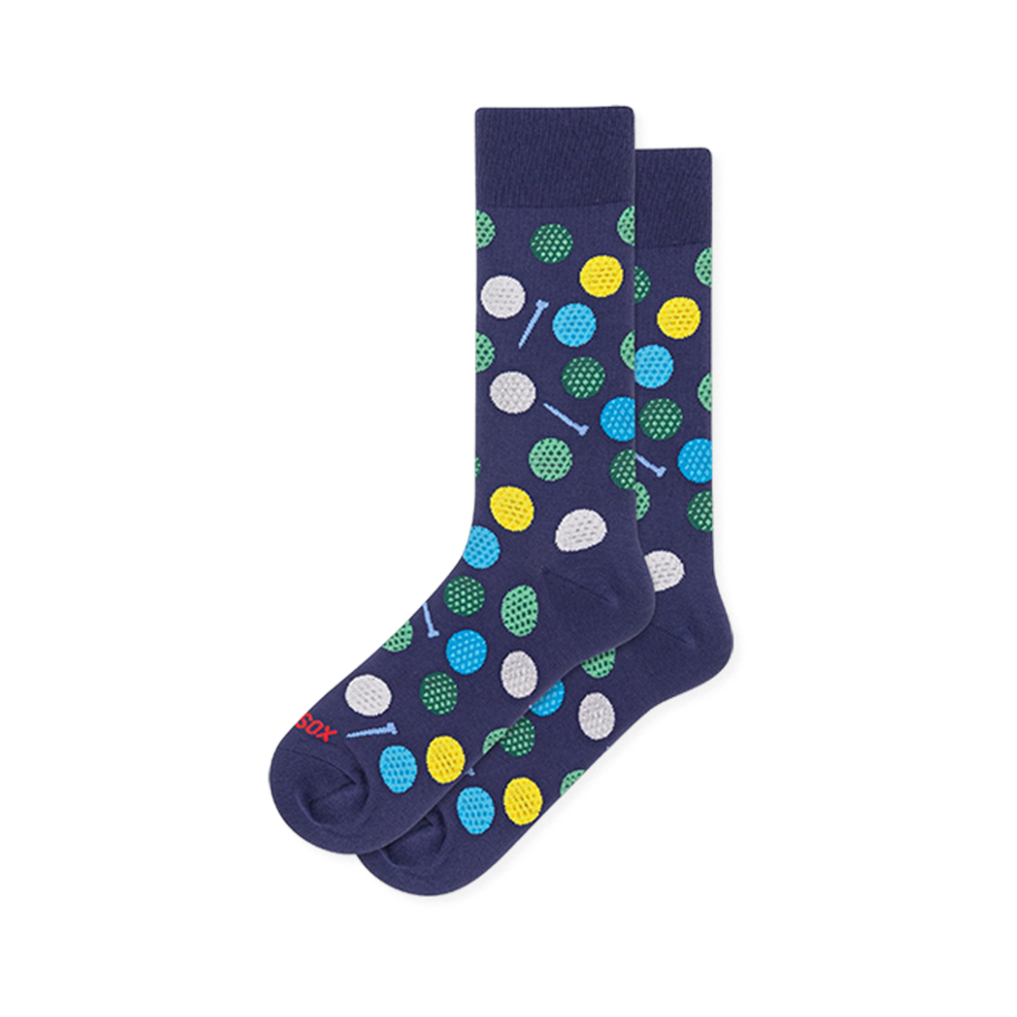 Navy blue crew socks covered in dimpled golf balls in white, yellow, green and blue, with small light blue golf tees.