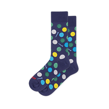 Navy blue crew socks covered in dimpled golf balls in white, yellow, green and blue, with small light blue golf tees.