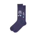 Navy blue crew socks featuring a light blue bird, a white golf ball on a yellow tee, and a Talk Birdie To Me speech bubble.