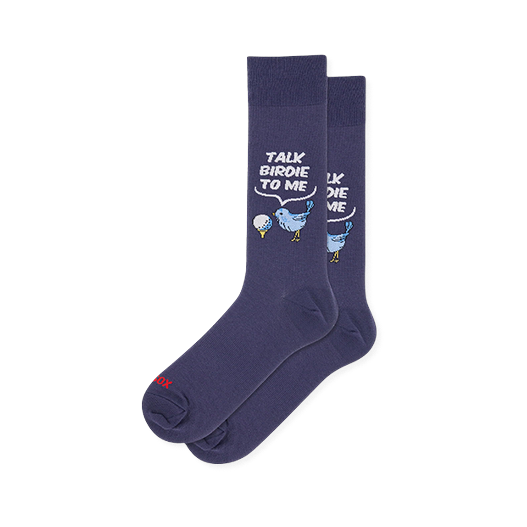 Navy blue crew socks featuring a light blue bird, a white golf ball on a yellow tee, and a Talk Birdie To Me speech bubble.