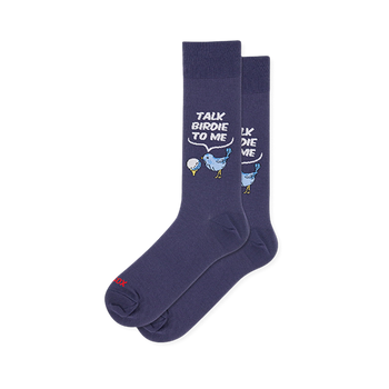 Navy blue crew socks featuring a light blue bird, a white golf ball on a yellow tee, and a Talk Birdie To Me speech bubble.