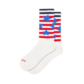 Athletic white crew socks with a ribbed leg. The upper features red and white horizontal stripes scattered with blue stars.