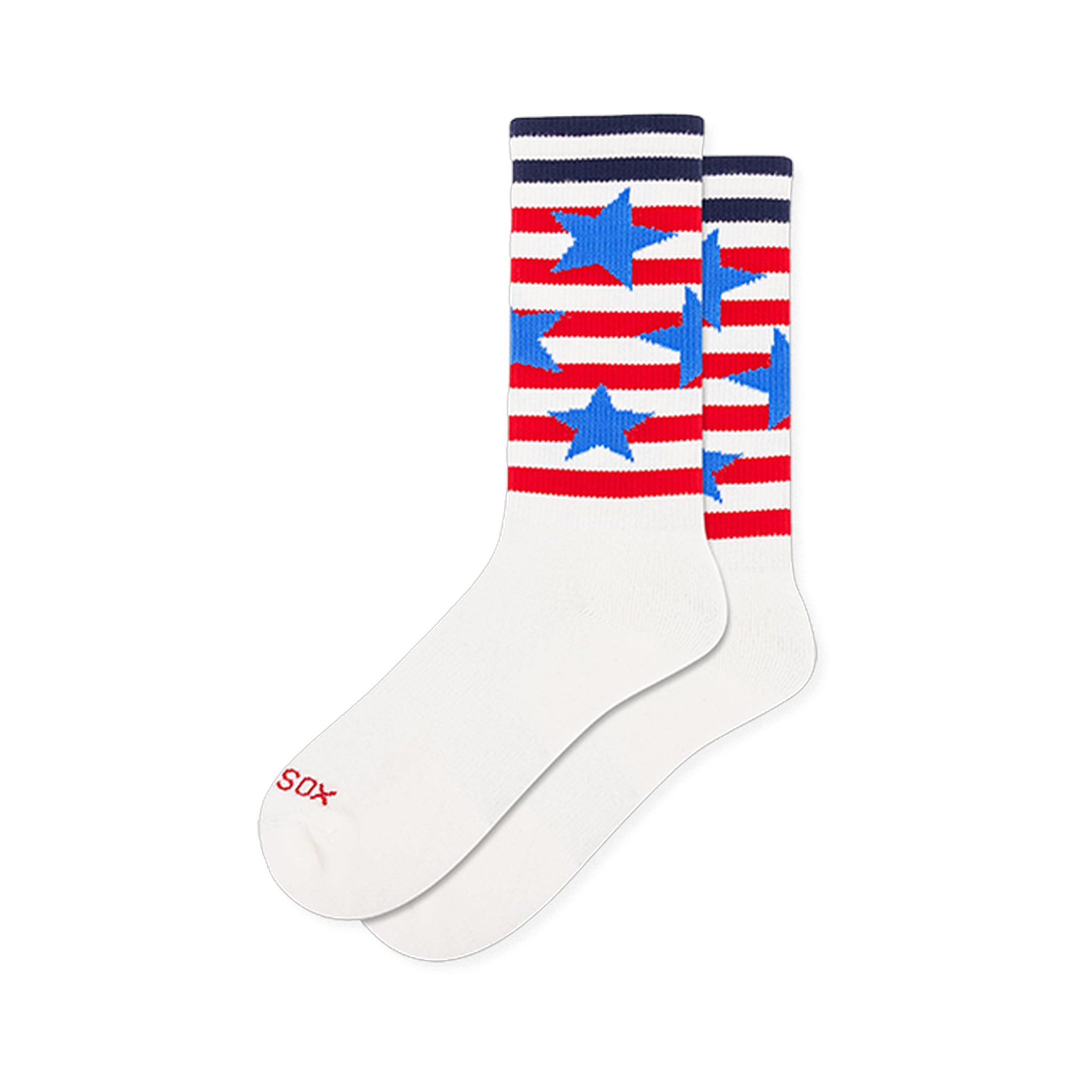 Athletic white crew socks with a ribbed leg. The upper features red and white horizontal stripes scattered with blue stars.