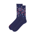 Navy blue active crew socks showing bright red and white bursting fireworks with light blue stars on the upper leg.
