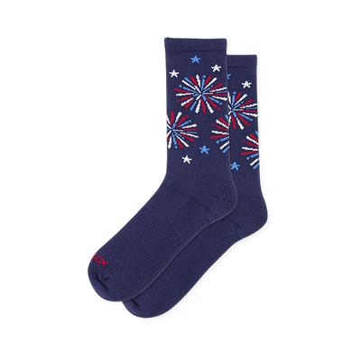 Navy blue active crew socks showing bright red and white bursting fireworks with light blue stars on the upper leg.