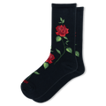 Black crew socks featuring a prominent pattern of large red roses with detailed green leaves and winding stems.