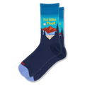 Navy and teal crew socks with a red mountain, dark pine trees, and yellow text reading I'd Hike That. Features a blue toe.