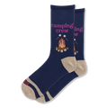 Navy blue crew socks featuring pink camping crew text, a campfire graphic, and roasting marshmallows with tan heel and toe.