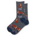 Heather gray crew socks with navy blue heel and toe. The pattern shows orange foxes with text reading FOR SAKE around a fox.