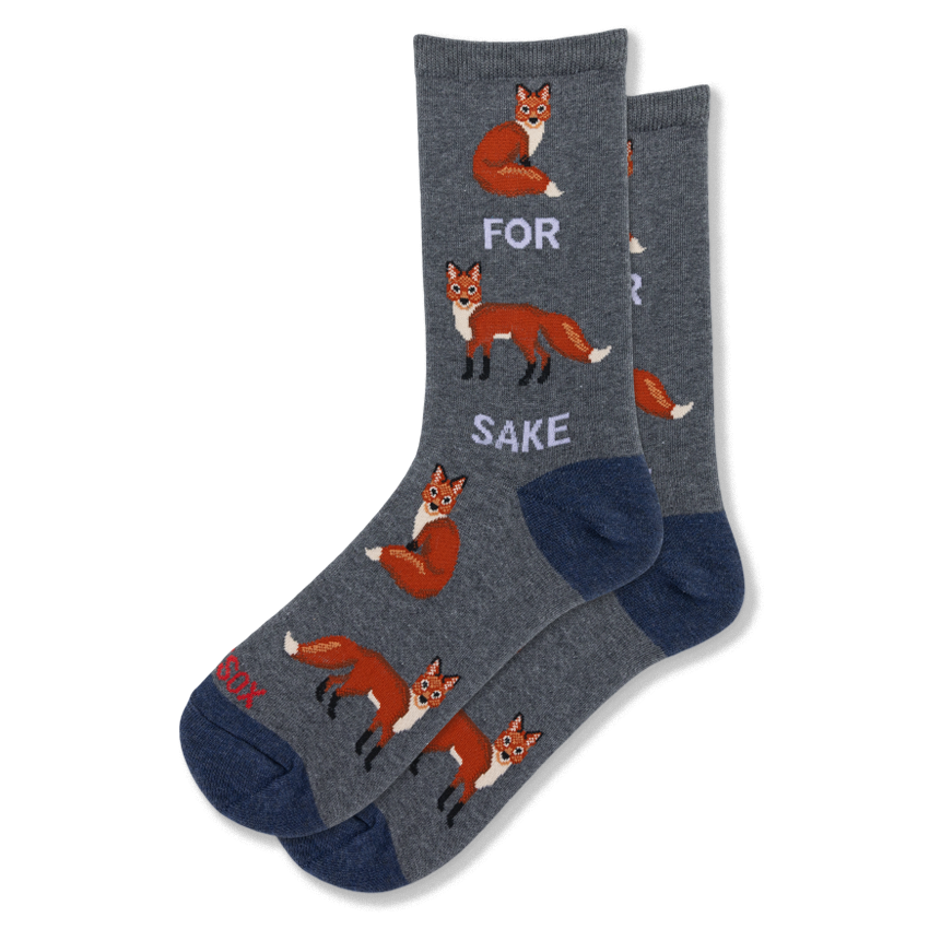 Heather gray crew socks with navy blue heel and toe. The pattern shows orange foxes with text reading FOR SAKE around a fox.