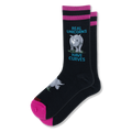 Black crew socks showing a grey rhino, blue text reading REAL UNICORNS HAVE CURVES, a pink toe, and pink cuff stripes.