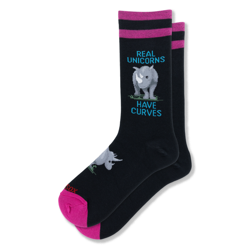 Black crew socks showing a grey rhino, blue text reading REAL UNICORNS HAVE CURVES, a pink toe, and pink cuff stripes.