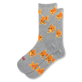 Heather grey crew socks covered in a pattern of bright orange goldfish with large, surprised eyes and yellow-tipped fins.