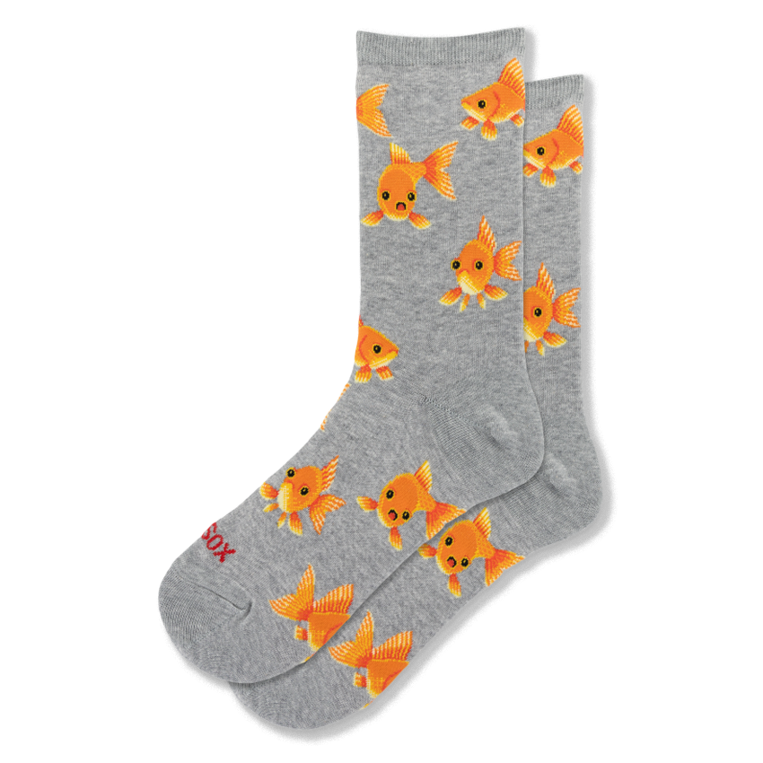 Heather grey crew socks covered in a pattern of bright orange goldfish with large, surprised eyes and yellow-tipped fins.