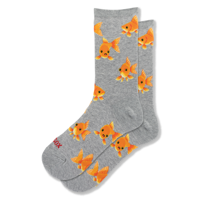 Heather grey crew socks covered in a pattern of bright orange goldfish with large, surprised eyes and yellow-tipped fins.