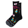 Black crew socks featuring orange and grey cats wearing pink and blue sweaters, with hot pink Sweater Weather text.