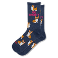 Heather navy crew socks featuring a pattern of tan and white corgi dogs and the phrase GO SHORTY in bright pink text.