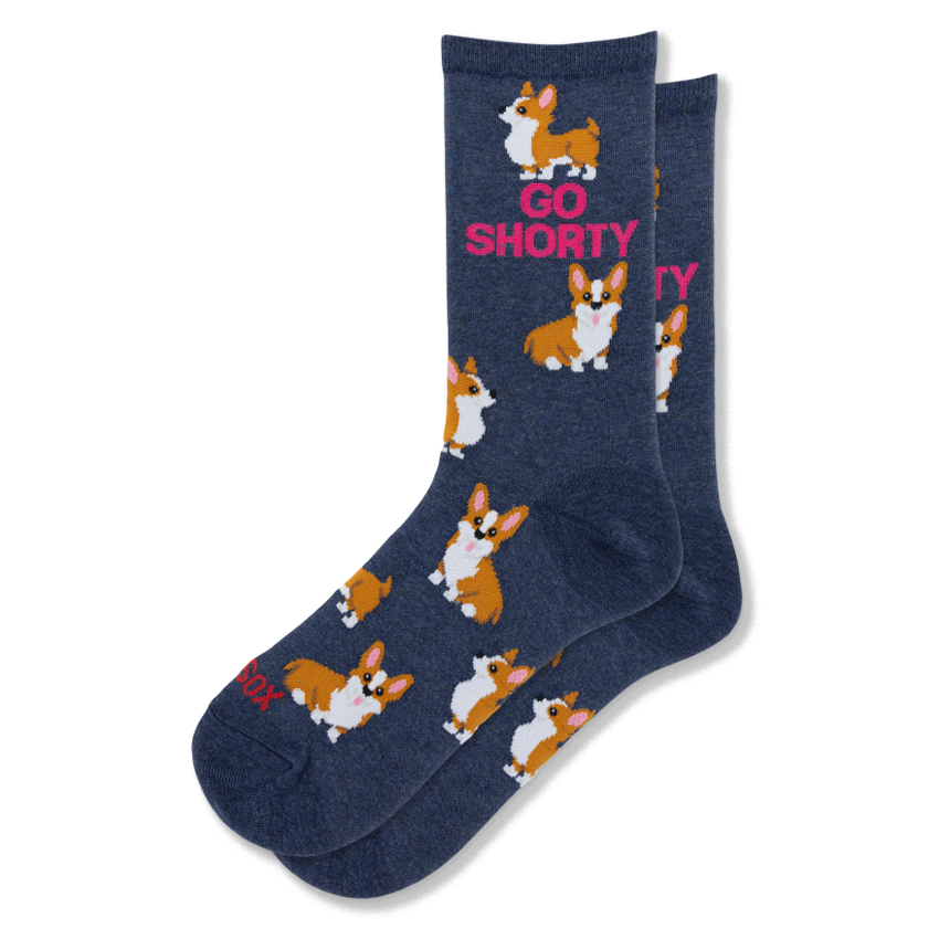 Heather navy crew socks featuring a pattern of tan and white corgi dogs and the phrase GO SHORTY in bright pink text.