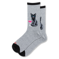 Heather gray crew socks with black cuffs, heels, and toes, featuring a black cat with blue eyes next to a pink martini glass.