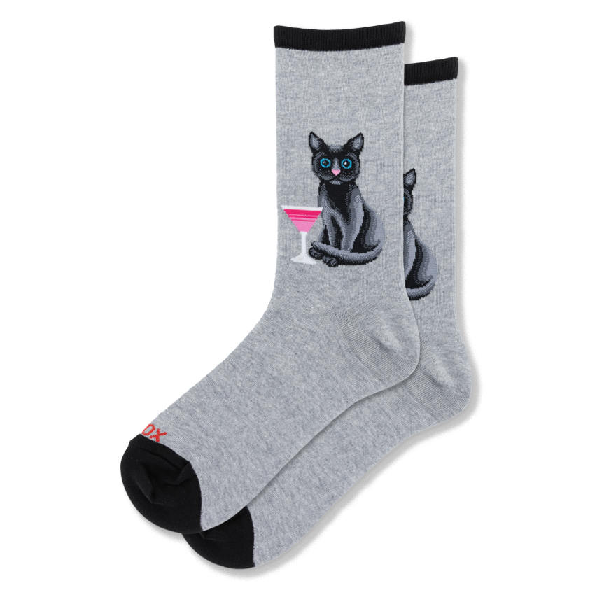 Heather gray crew socks with black cuffs, heels, and toes, featuring a black cat with blue eyes next to a pink martini glass.