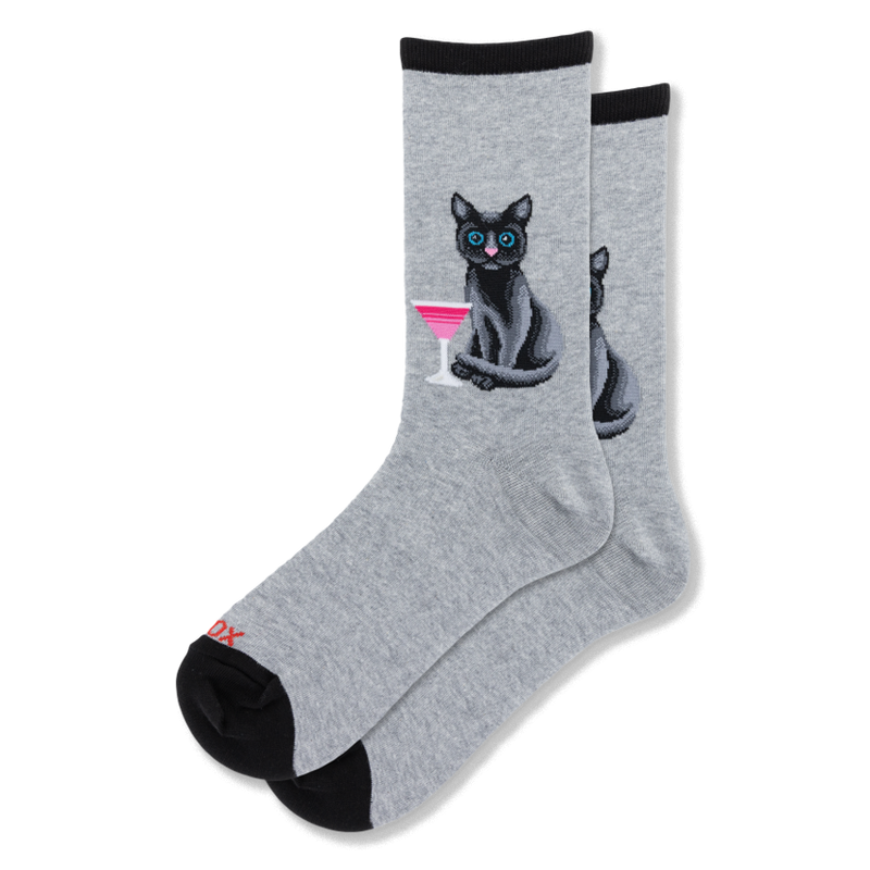 Heather gray crew socks with black cuffs, heels, and toes, featuring a black cat with blue eyes next to a pink martini glass.