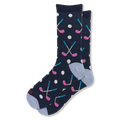 Navy blue crew socks featuring a pattern of crossed golf clubs with pink heads and blue shafts, plus white golf balls.