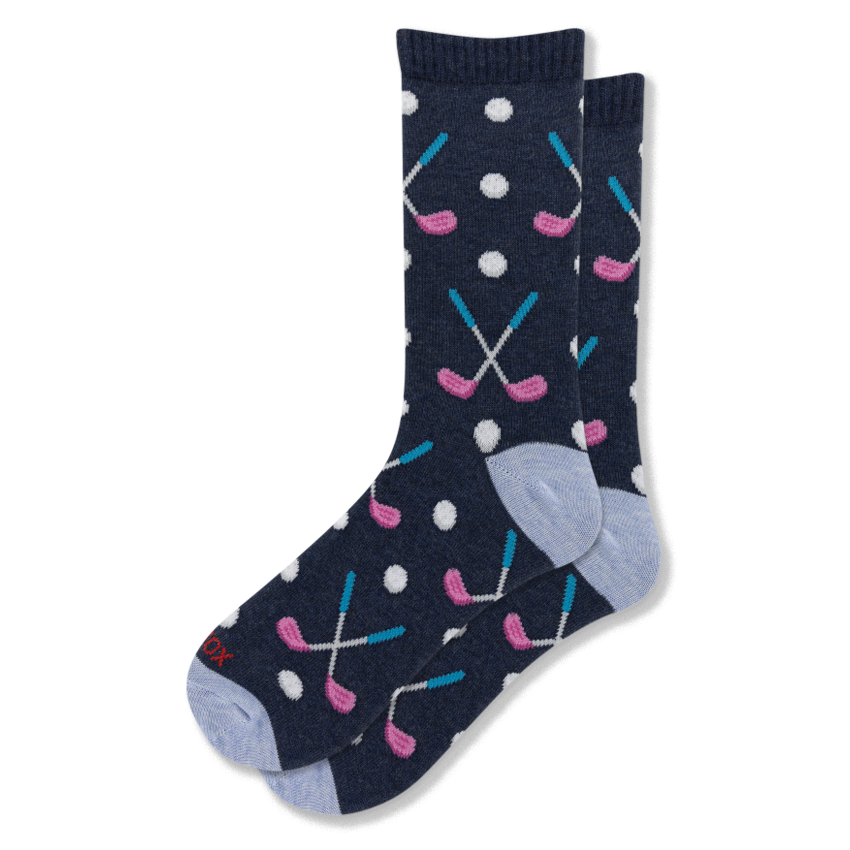 Navy blue crew socks featuring a pattern of crossed golf clubs with pink heads and blue shafts, plus white golf balls.