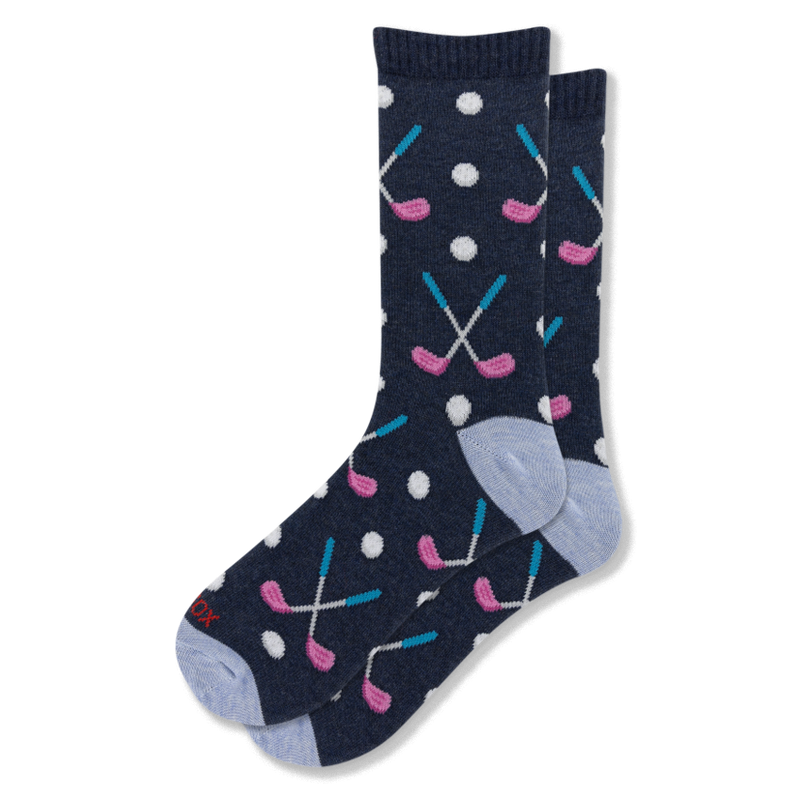 Navy blue crew socks featuring a pattern of crossed golf clubs with pink heads and blue shafts, plus white golf balls.