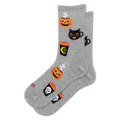 Light grey crew socks with a pattern of Halloween-themed coffee mugs like black cats, jack-o'-lanterns, skulls, and moons.