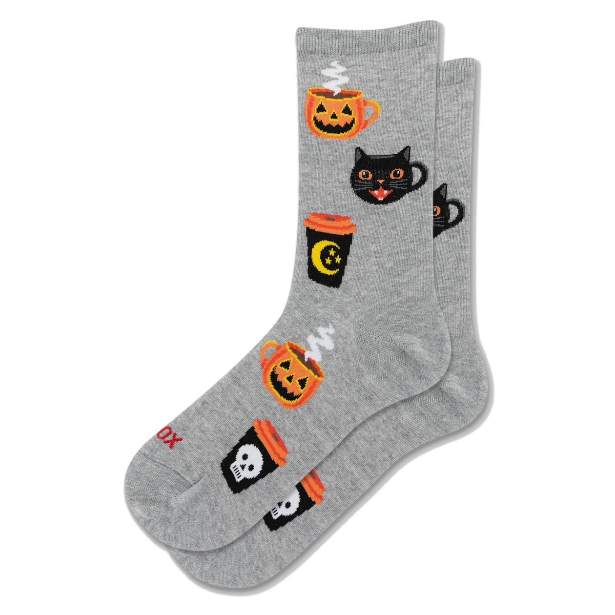 Light grey crew socks with a pattern of Halloween-themed coffee mugs like black cats, jack-o'-lanterns, skulls, and moons.