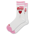 White crew socks with pink toes and stripes. The leg features the text I'M A Sucker FOR YOU above a red heart lollipop.