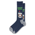 Navy blue crew socks with grey heels and toes. Design shows liquor, a golf ball ice cube with a 19 flag, and green text.