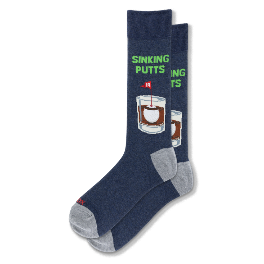 Navy blue crew socks with grey heels and toes. Design shows liquor, a golf ball ice cube with a 19 flag, and green text.