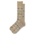 Beige crew socks featuring a repeating pattern of white golf balls and crossed golf clubs with blue handles and green heads.