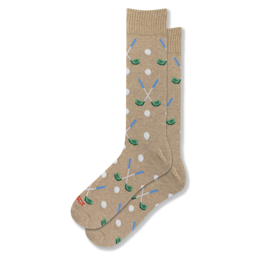 Beige crew socks featuring a repeating pattern of white golf balls and crossed golf clubs with blue handles and green heads.