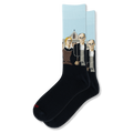 Black crew socks featuring the American Gothic painting on the ankle with the farmer, pitchfork, and a pale blue sky.