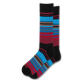 A pair of black crew socks featuring horizontal stripes in varying widths of bright blue, dark red, crimson, and brown.
