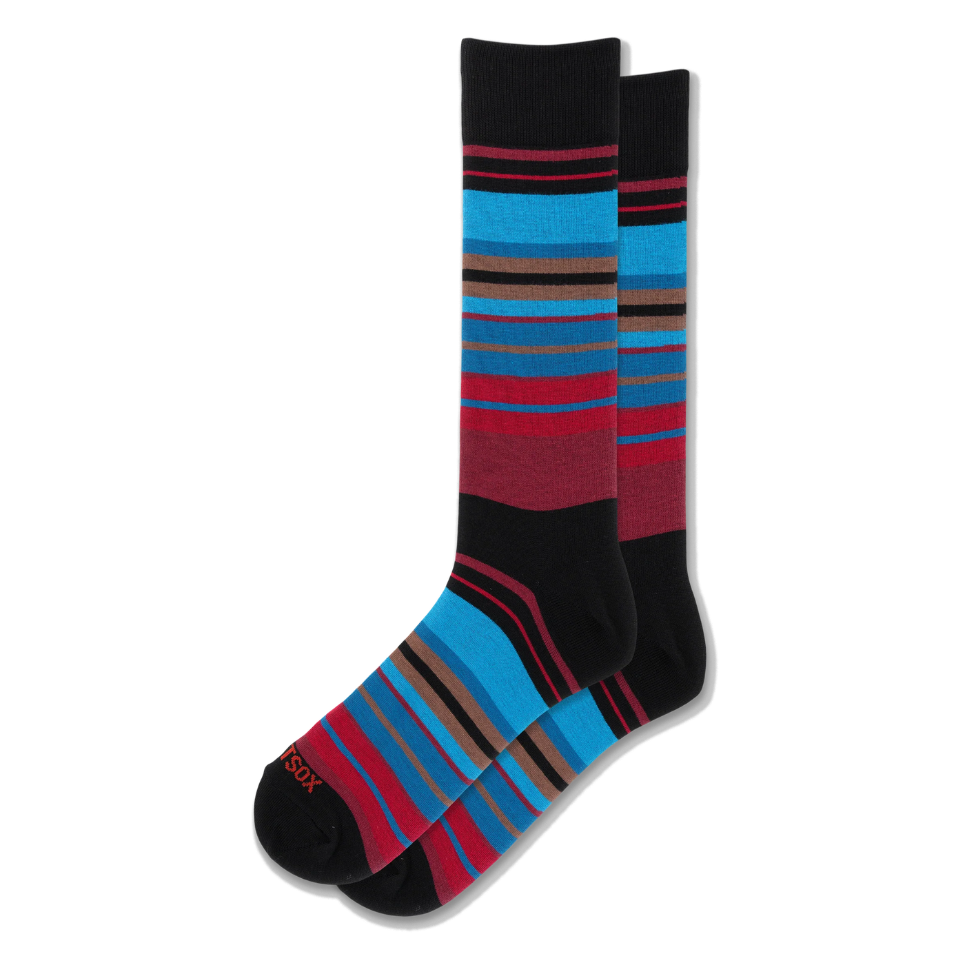 A pair of black crew socks featuring horizontal stripes in varying widths of bright blue, dark red, crimson, and brown.