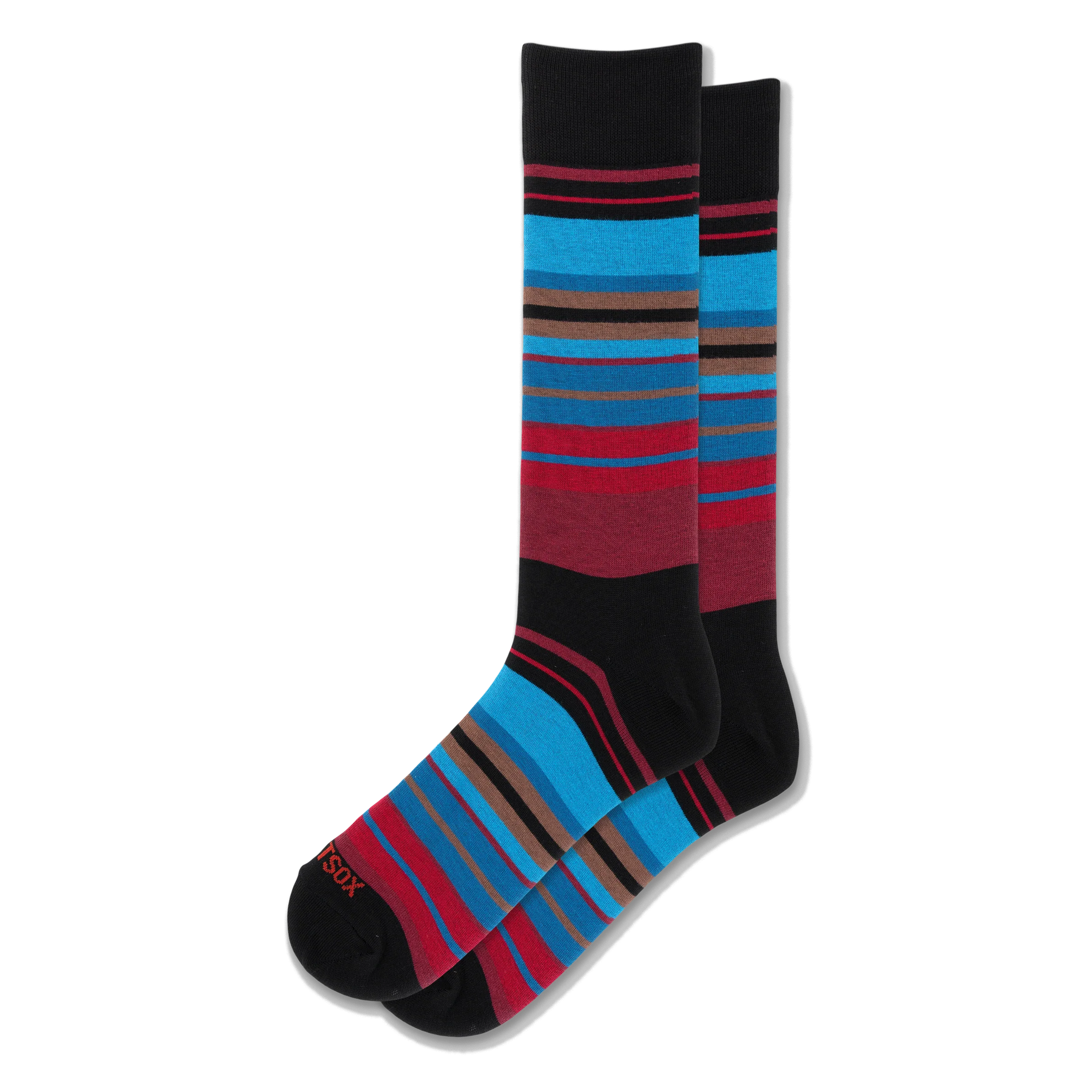 A pair of black crew socks featuring horizontal stripes in varying widths of bright blue, dark red, crimson, and brown.
