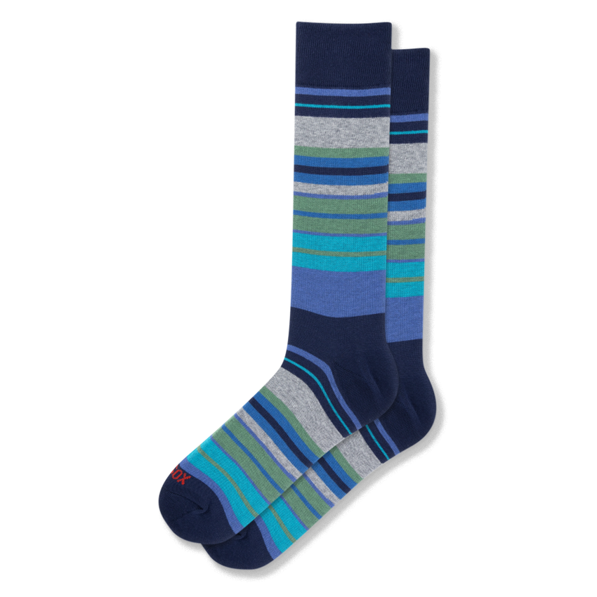 A pair of navy blue crew socks decorated with horizontal stripes in assorted widths of light blue, teal, green, and grey.