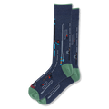 Navy blue crew socks with green trim featuring a pattern of tall fishing rods, winding lines, hooks, and colorful bobbers.