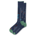 Navy blue crew socks with green trim featuring a pattern of tall fishing rods, winding lines, hooks, and colorful bobbers.