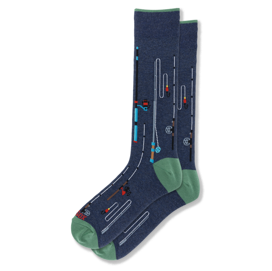 Navy blue crew socks with green trim featuring a pattern of tall fishing rods, winding lines, hooks, and colorful bobbers.