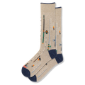 Beige crew socks with navy blue trim featuring a pattern of tall fishing rods, winding lines, hooks, and colorful bobbers.