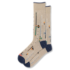 Beige crew socks with navy blue trim featuring a pattern of tall fishing rods, winding lines, hooks, and colorful bobbers.
