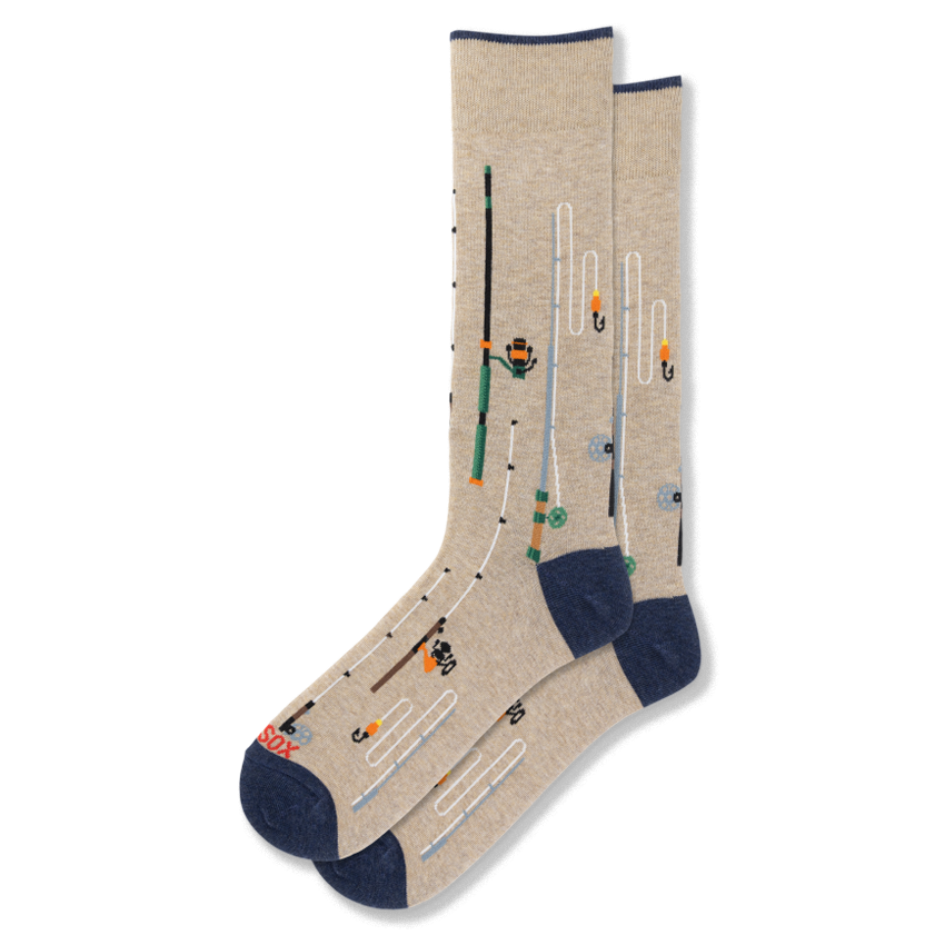 Beige crew socks with navy blue trim featuring a pattern of tall fishing rods, winding lines, hooks, and colorful bobbers.